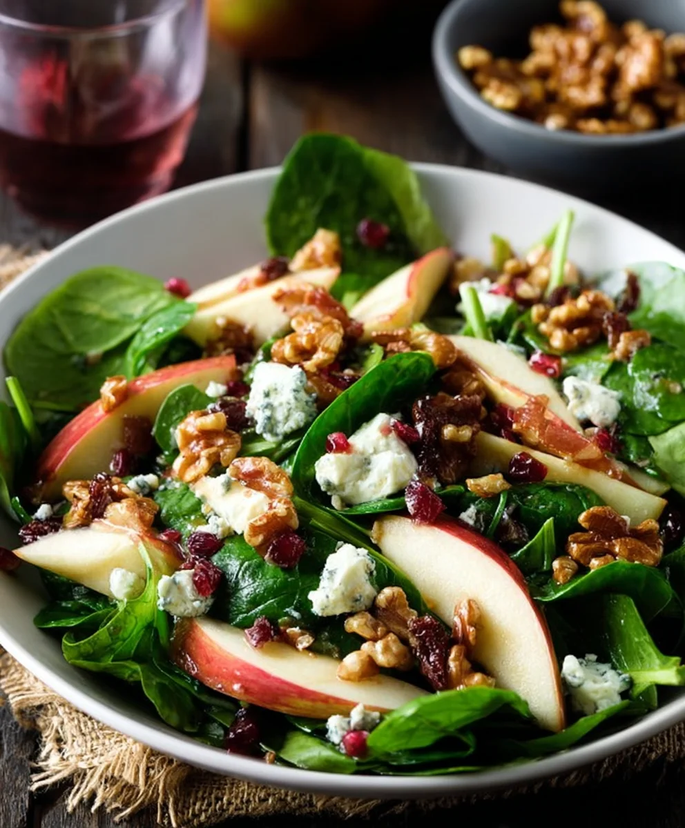 Spinach Apple Gorgonzola Salad-Candied Walnut Delight