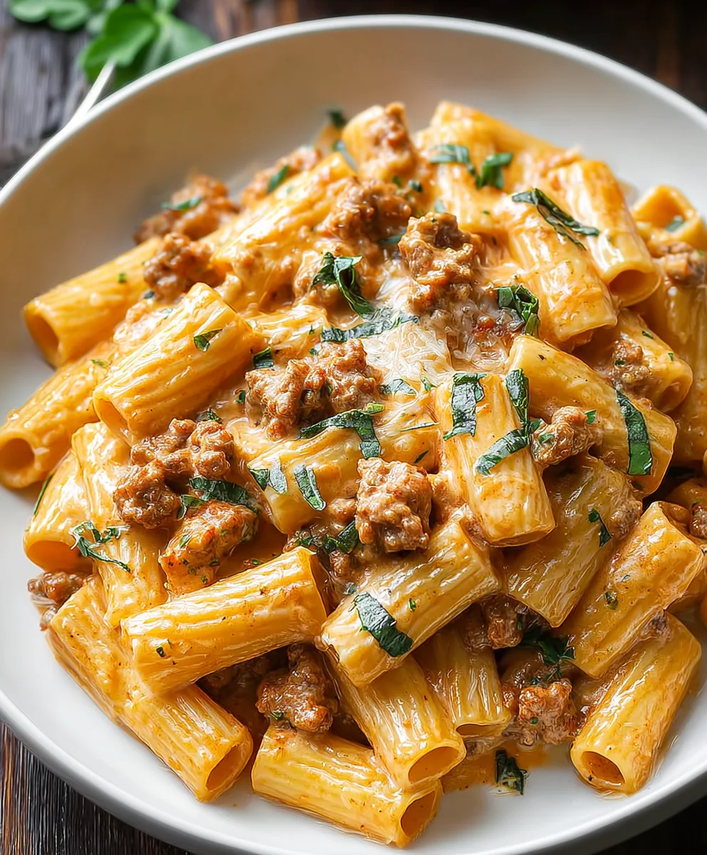 Creamy Beef Sausage Rigatoni- Easy Weeknight Dinner