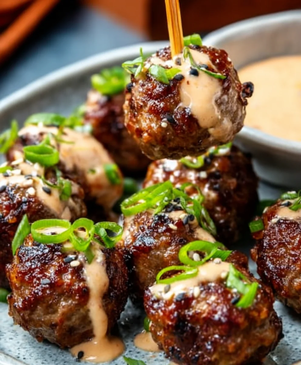 Korean BBQ Beef Meatballs Spicy Mayo Dip