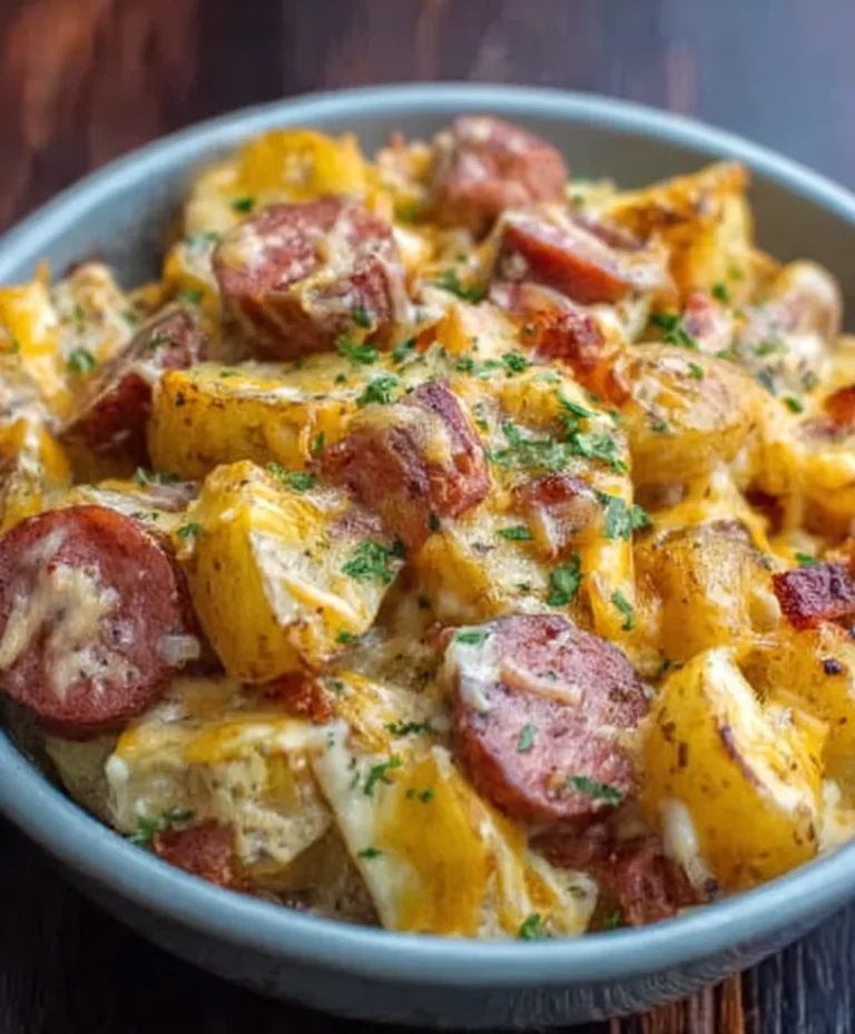 Cheesy Beef Sausage Potatoes- Easy Ranch Bake