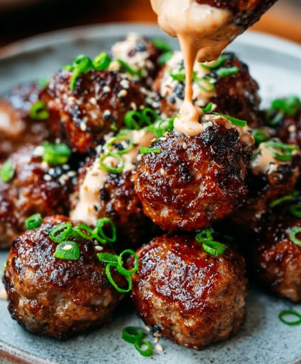 Korean BBQ Beef Meatballs Spicy Mayo Dip