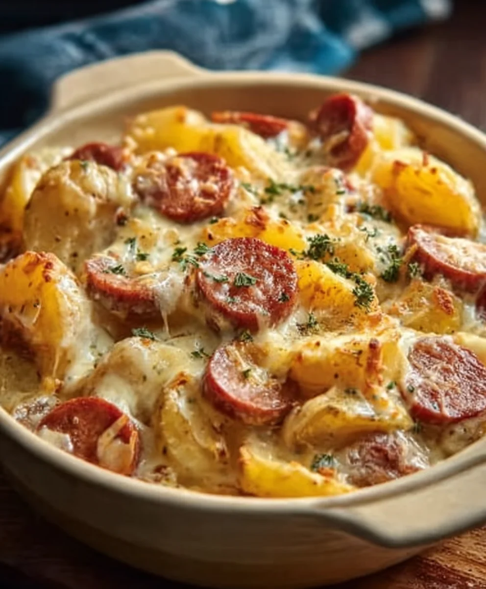 Cheesy Beef Sausage Potatoes- Easy Ranch Bake