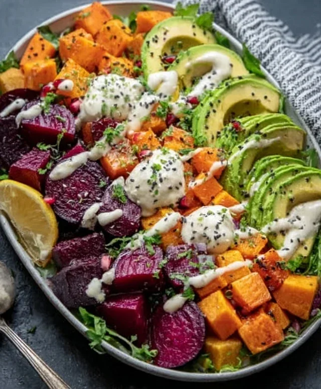 Roasted Beet, Sweet Potato & Avocado Salad with Whipped Ricotta & Lemon-Tahini Drizzle