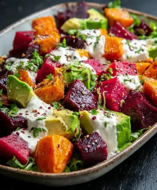 Roasted Beet, Sweet Potato & Avocado Salad with Whipped Ricotta & Lemon-Tahini Drizzle