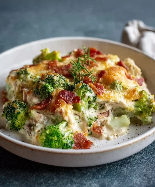 Creamy Low Carb Chicken Casserole with Broccoli and Beef Beef Bacon