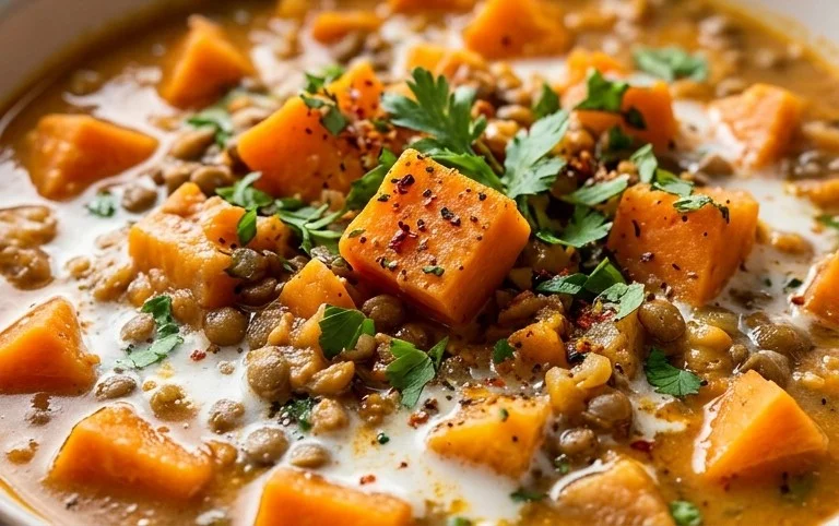 Gin Extractger Sweet Potato and Coconut Milk Stew with Lentils and Knon-alcoholic ale