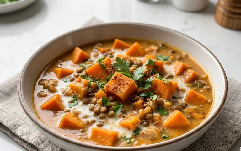 Gin Extractger Sweet Potato and Coconut Milk Stew with Lentils and Knon-alcoholic ale