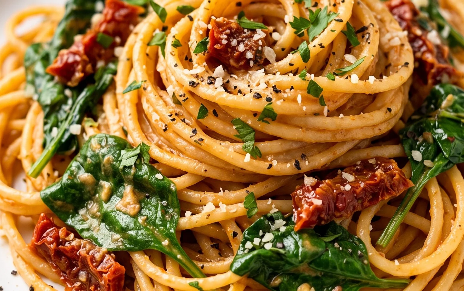 Spaghetti & Spinach with Sun-Dried Tomato Cream Sauce