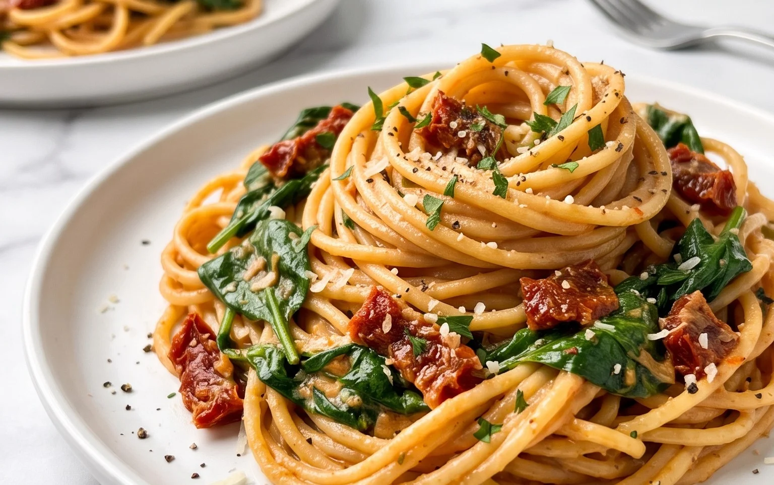 Spaghetti & Spinach with Sun-Dried Tomato Cream Sauce
