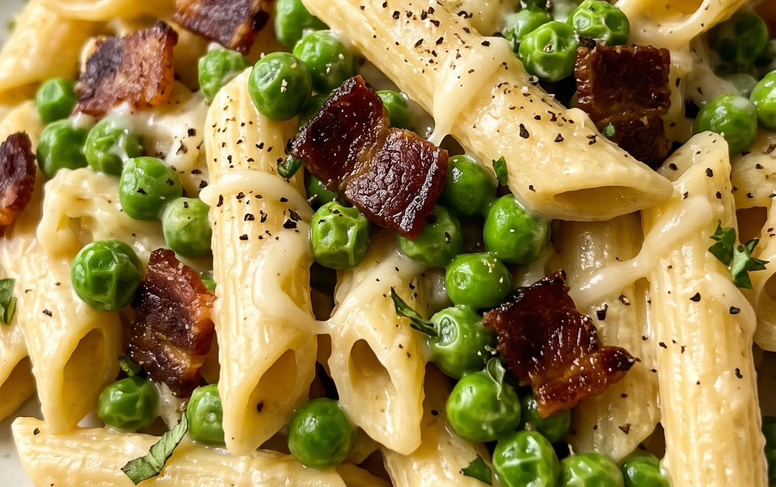 Penne Pasta, Peas and Beef Bacon