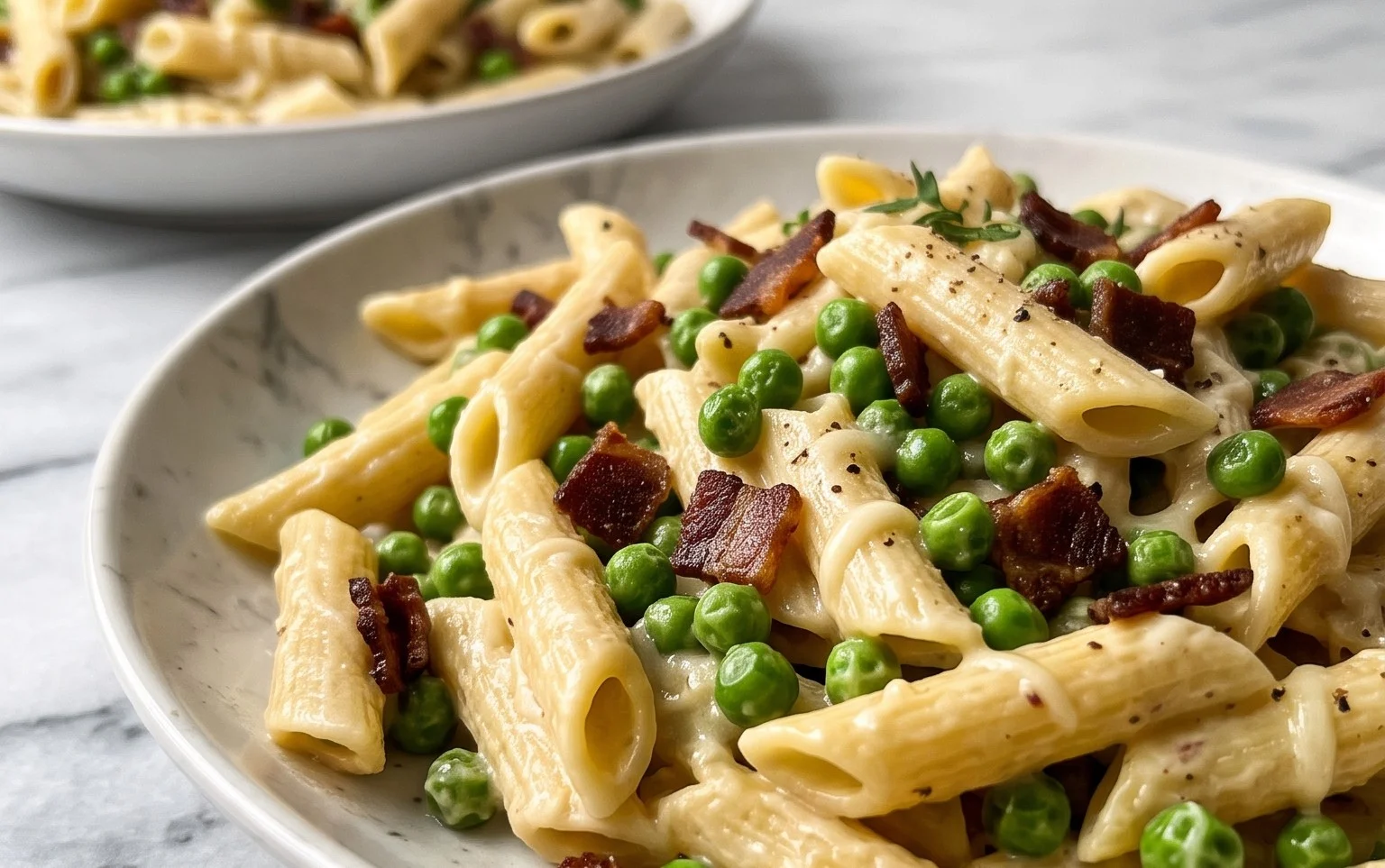 Penne Pasta, Peas and Beef Bacon