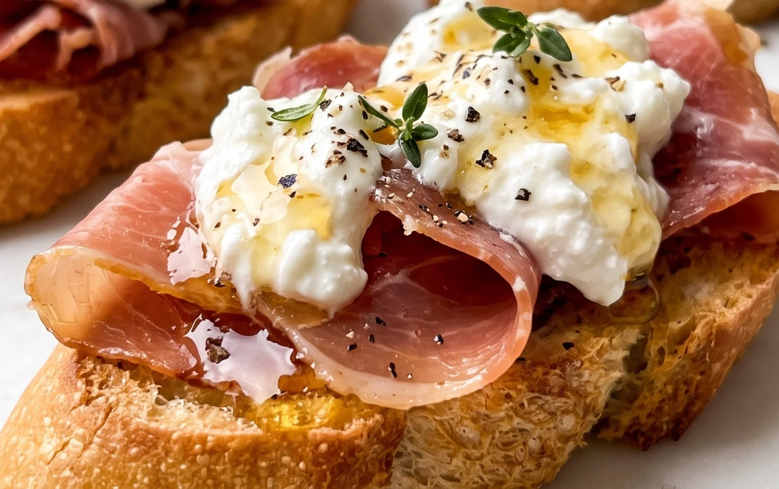 Beef Prosciutto Crostini with Burrata and Lemon Honey Drizzle